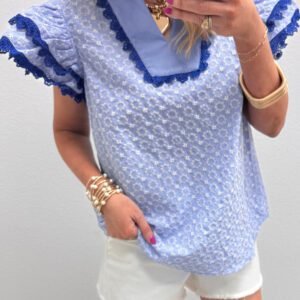 Beau Blue Eyelet Embroidered Flower Texture Contrast Lace Trim Flutter Sleeve Blouse