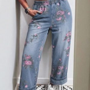 Beau Blue Floral Print Elastic Waist Pull On Casual Jeans