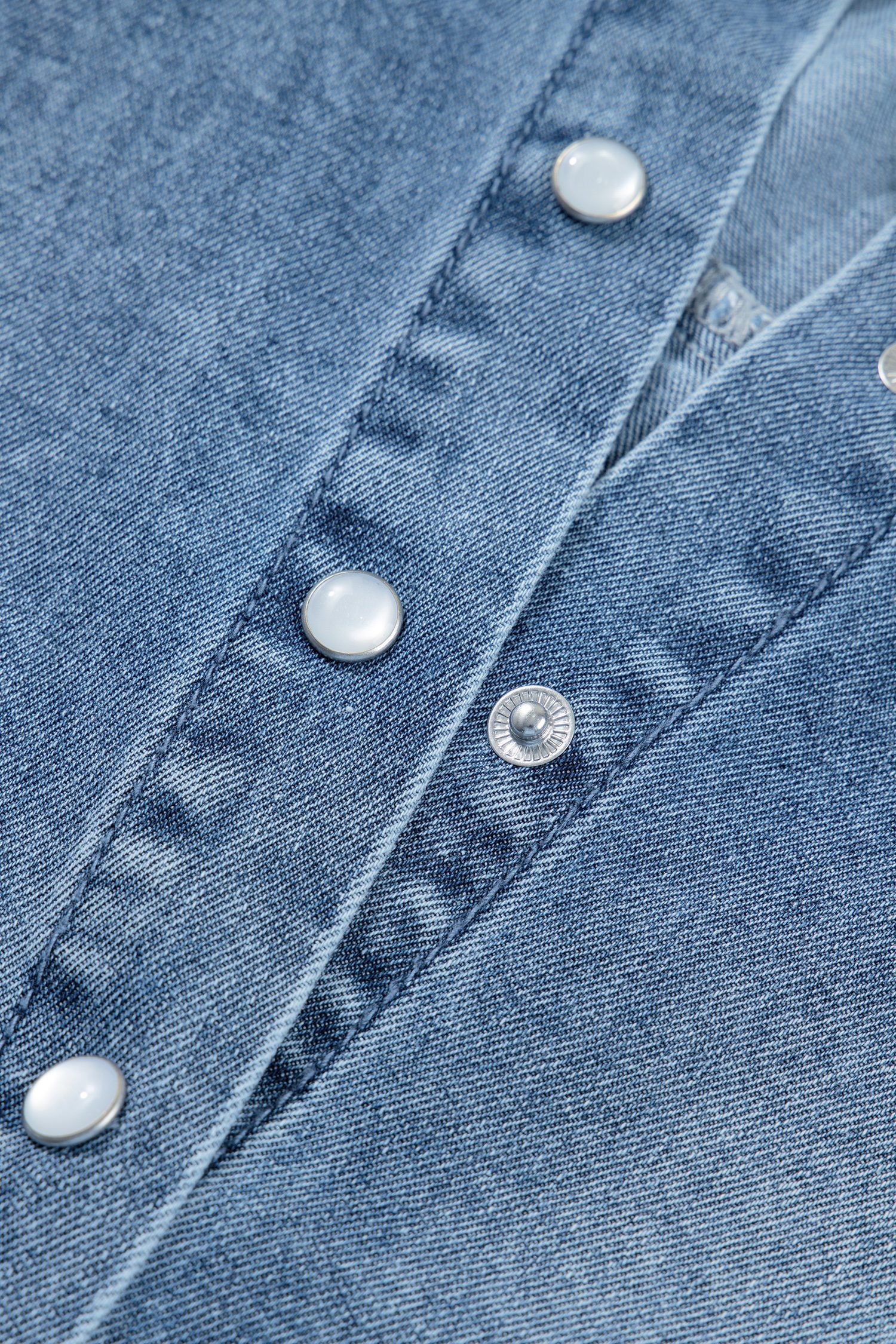 Beau Blue Frilled Short Sleeve Snap Button Denim Shirt