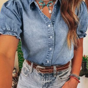 Beau Blue Frilled Short Sleeve Snap Button Denim Shirt
