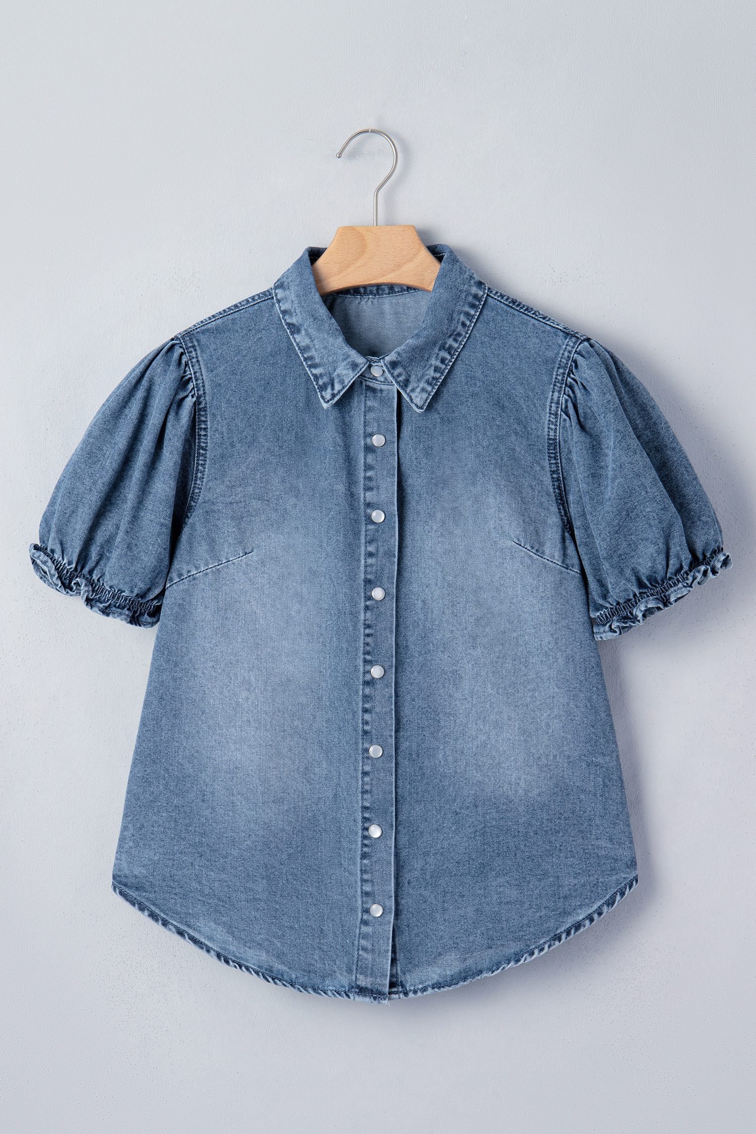 Beau Blue Frilled Short Sleeve Snap Button Denim Shirt