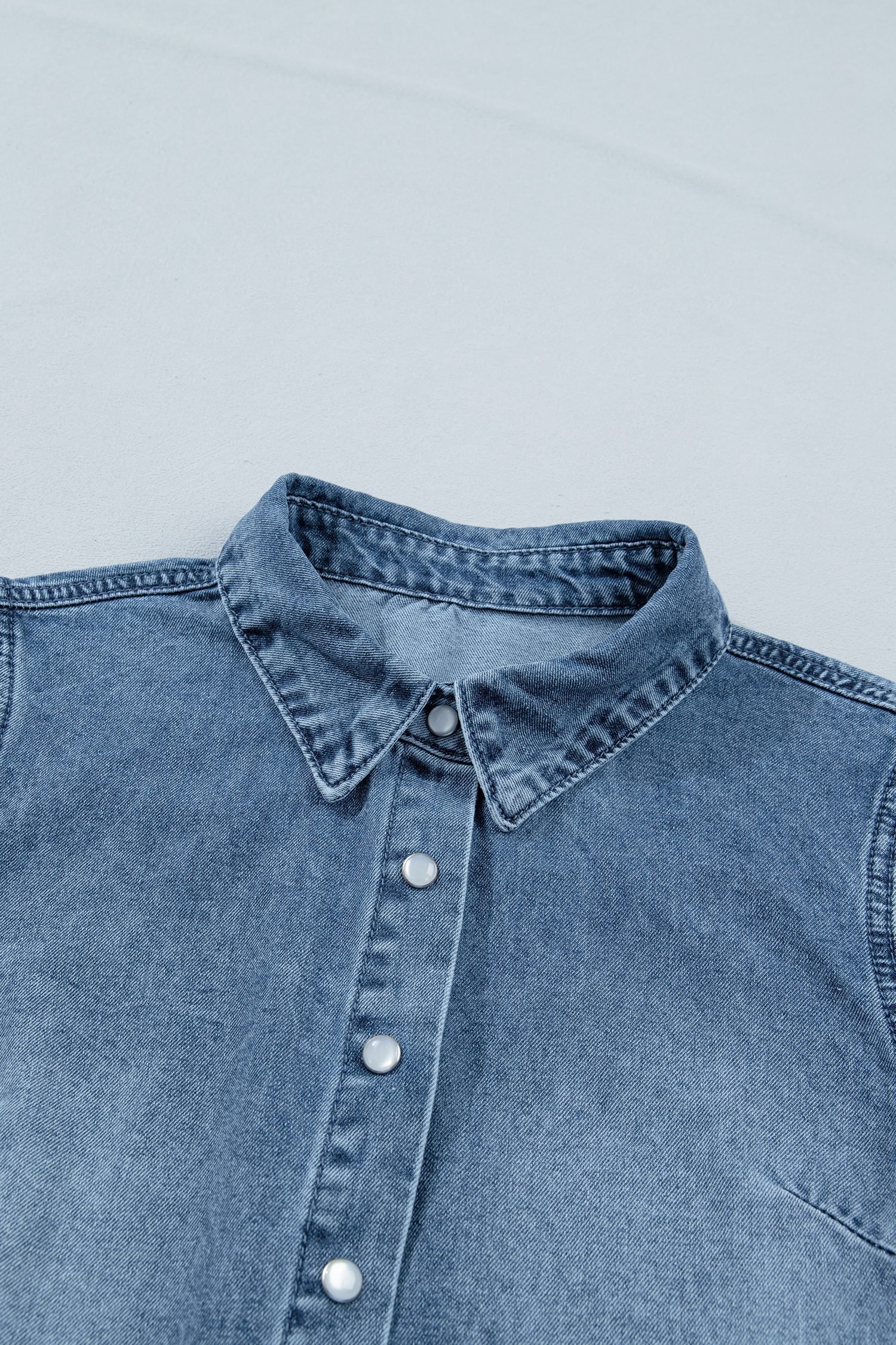 Beau Blue Frilled Short Sleeve Snap Button Denim Shirt