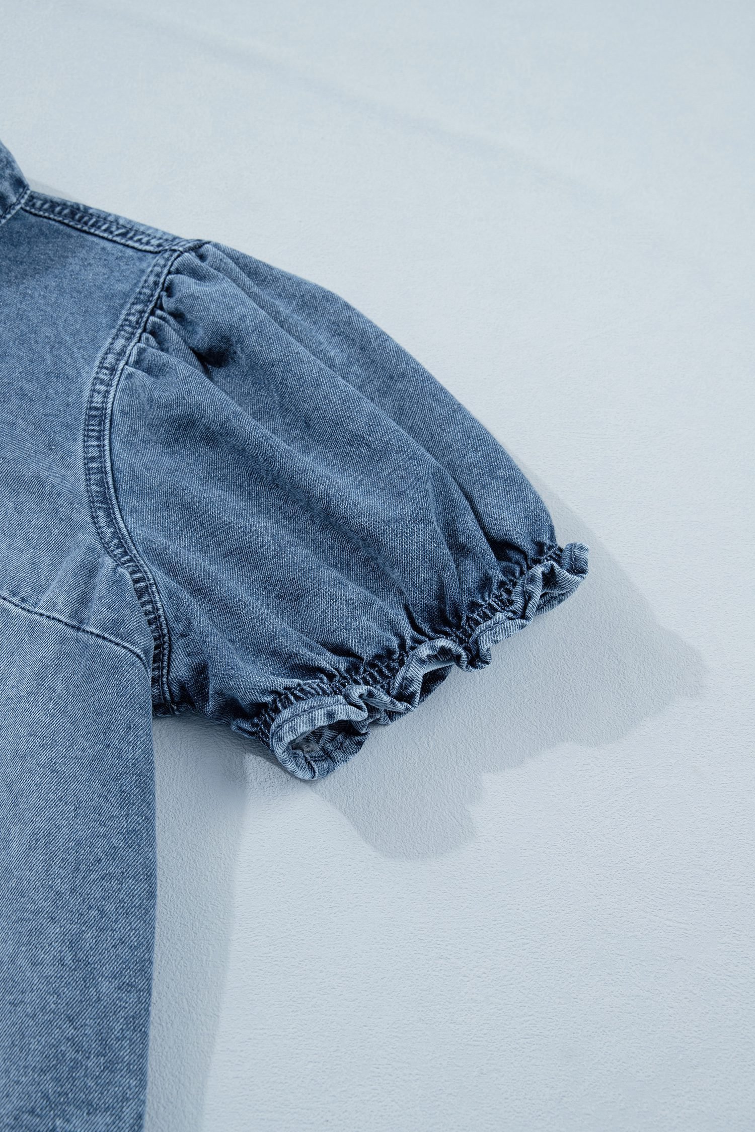 Beau Blue Frilled Short Sleeve Snap Button Denim Shirt