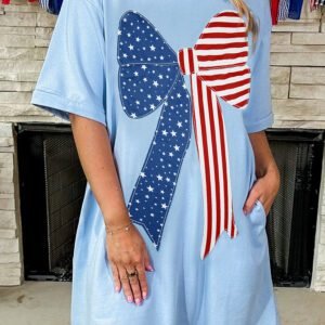 Beau Blue Patriotic Big Bow Stitched T Shift Mini Dress