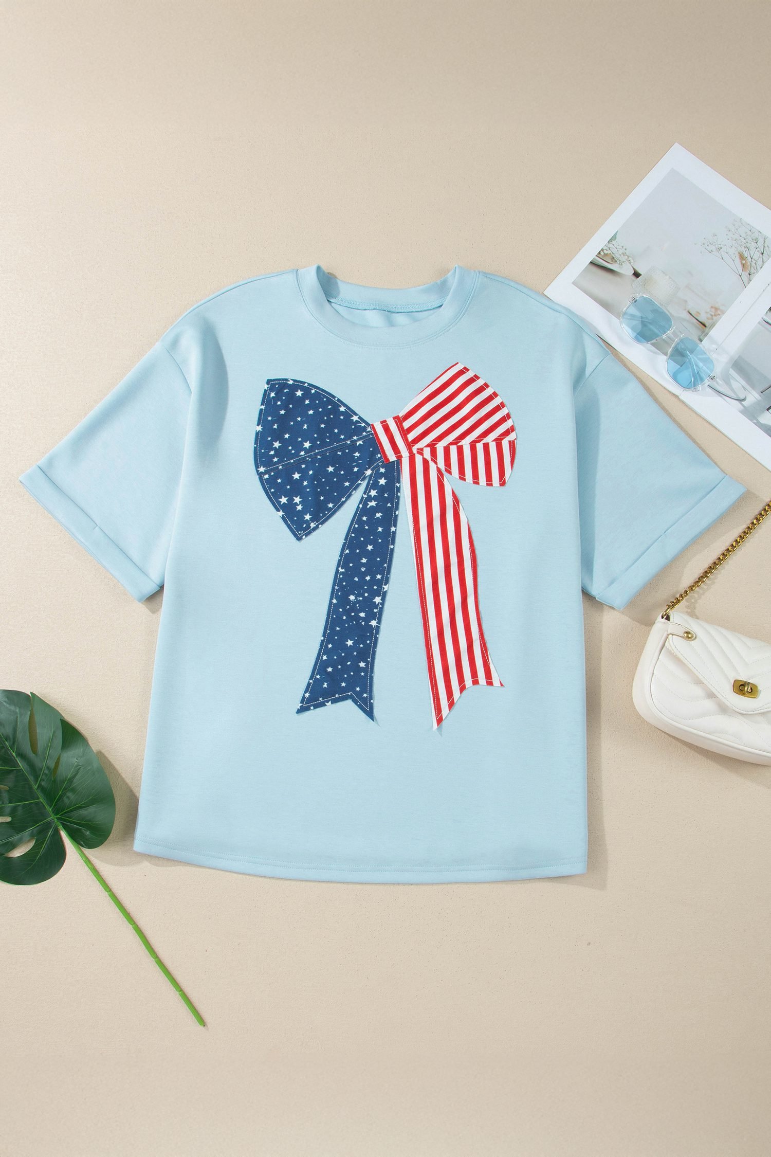 Beau Blue Plus Size Patriotic Bow Patchwork Graphic T-Shirt