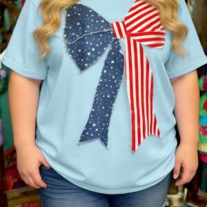 Beau Blue Plus Size Patriotic Bow Patchwork Graphic T-Shirt