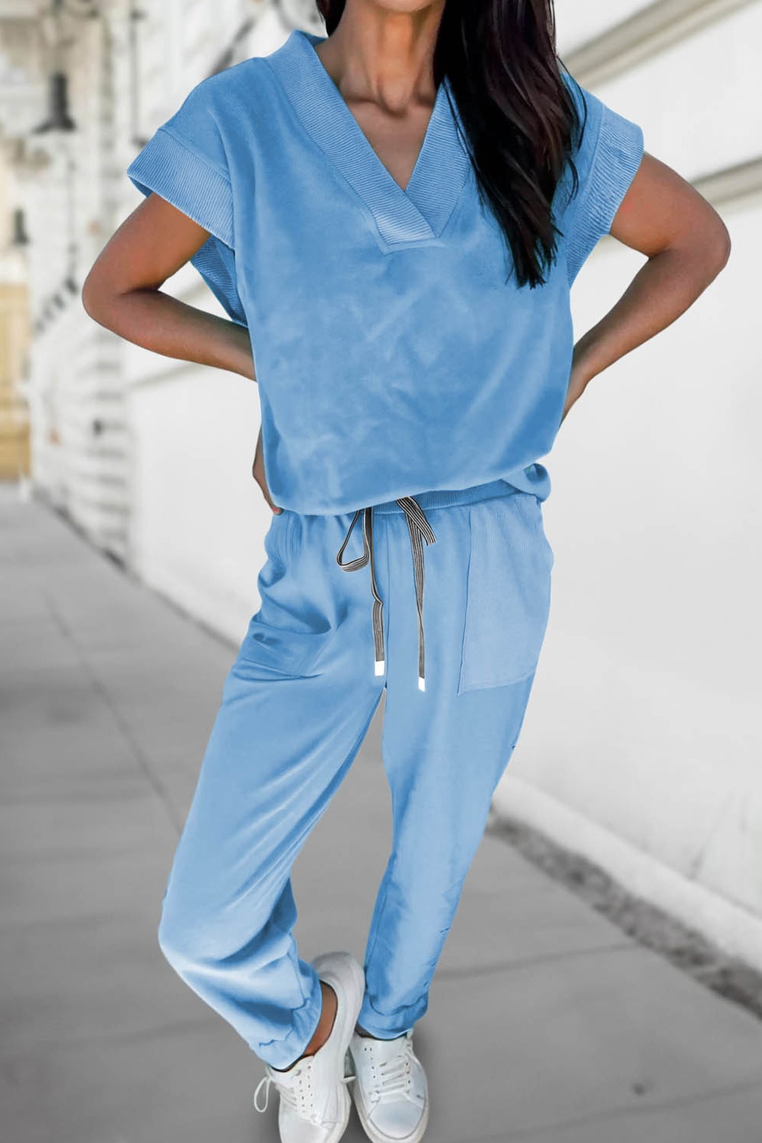 Beau Blue Solid Color V Neck Tee Drawstring Pant Set