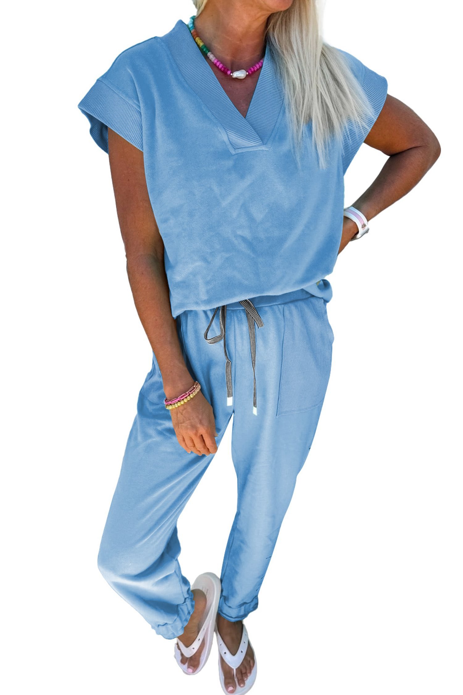 Beau Blue Solid Color V Neck Tee Drawstring Pant Set