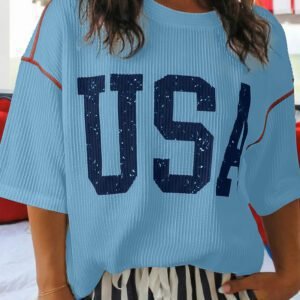 Beau Blue USA Graphic Half Sleeve Loose Ribbed Top