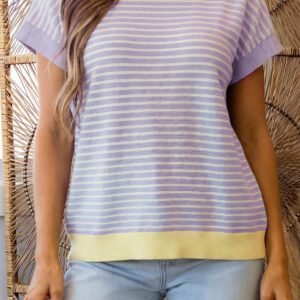 Purple Stripe Striped Colorblock Paneling Collar Cuff Hem Texture T-Shirt