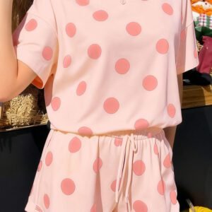 Pink Polka Dot Print Loose Tee Drawstring Elastic Waist Short Set