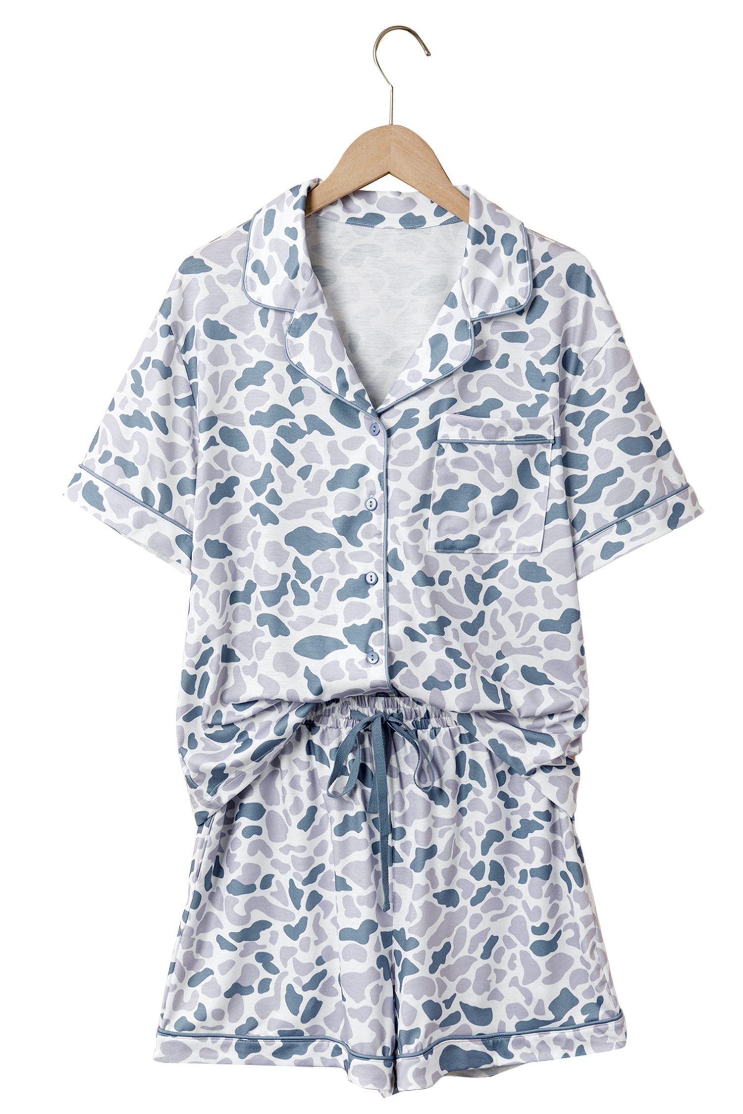 Beige Camouflage Print Lapel Shirt Drawstring 2pcs Short Pajama Set