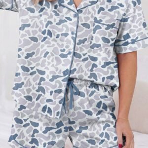 Beige Camouflage Print Lapel Shirt Drawstring 2pcs Short Pajama Set