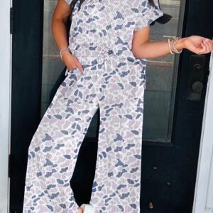 Beige Camouflage Print Twisted Rib Loose Tee Drawstring Pants Set