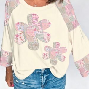 Beige Color Block Retro Floral Patchwork Long Sleeve Top