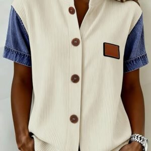 Beige Denim Patchwork Short Sleeve Ribbed Shirt
