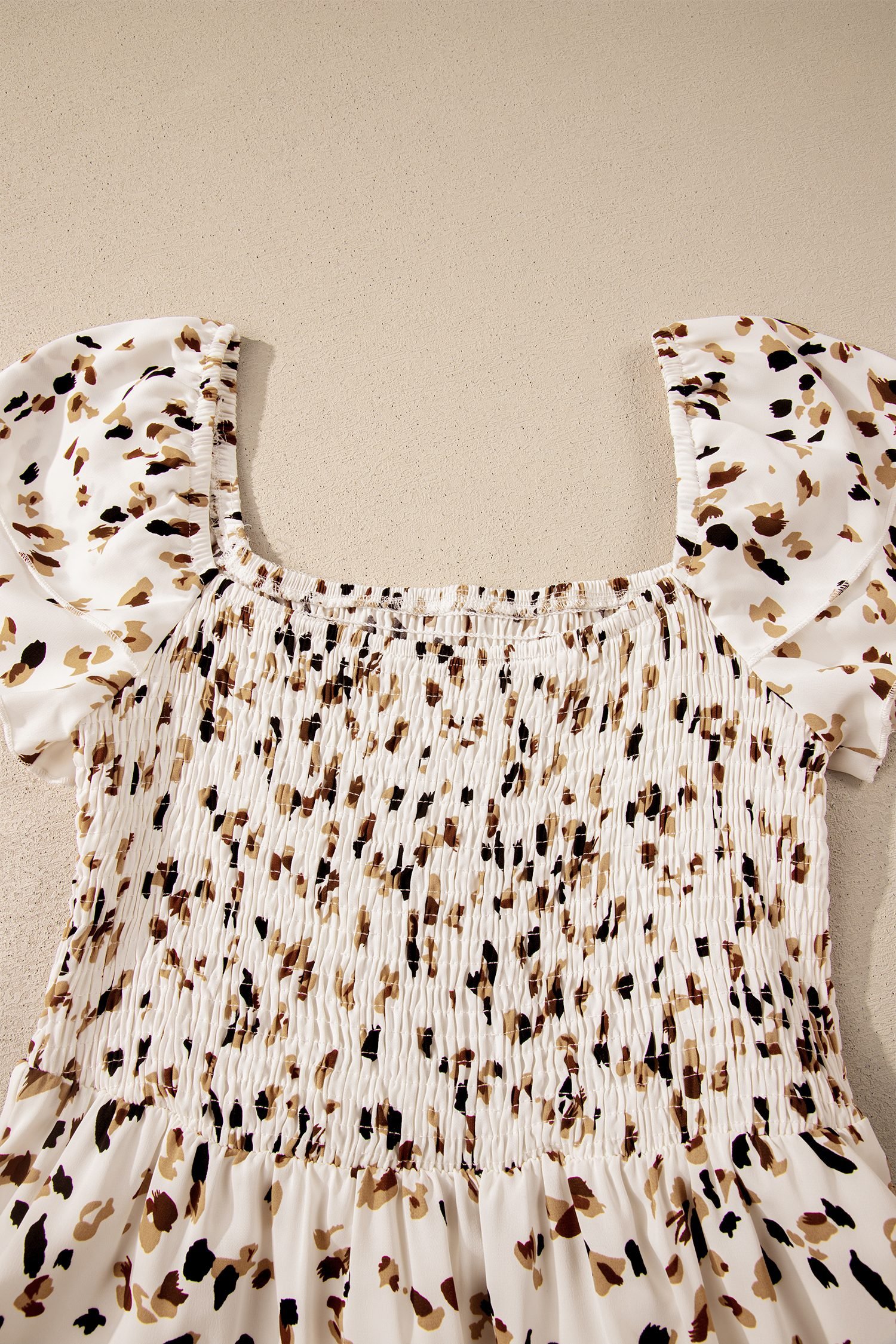 Beige Ditsy Floral Print Smocked Square Neck Ruffle Short Sleeve Dress