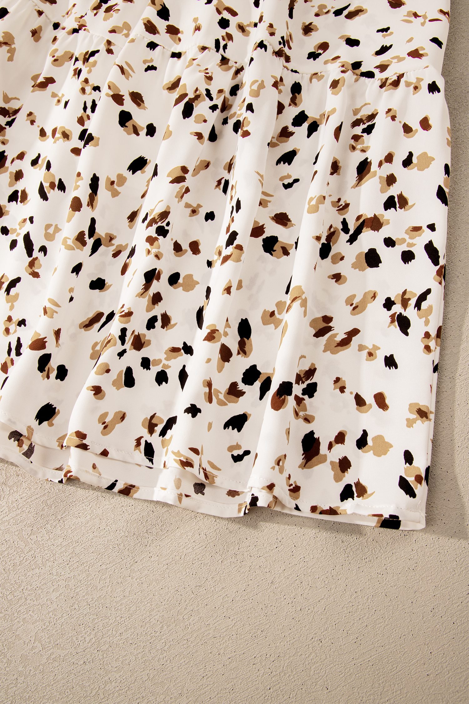 Beige Ditsy Floral Print Smocked Square Neck Ruffle Short Sleeve Dress