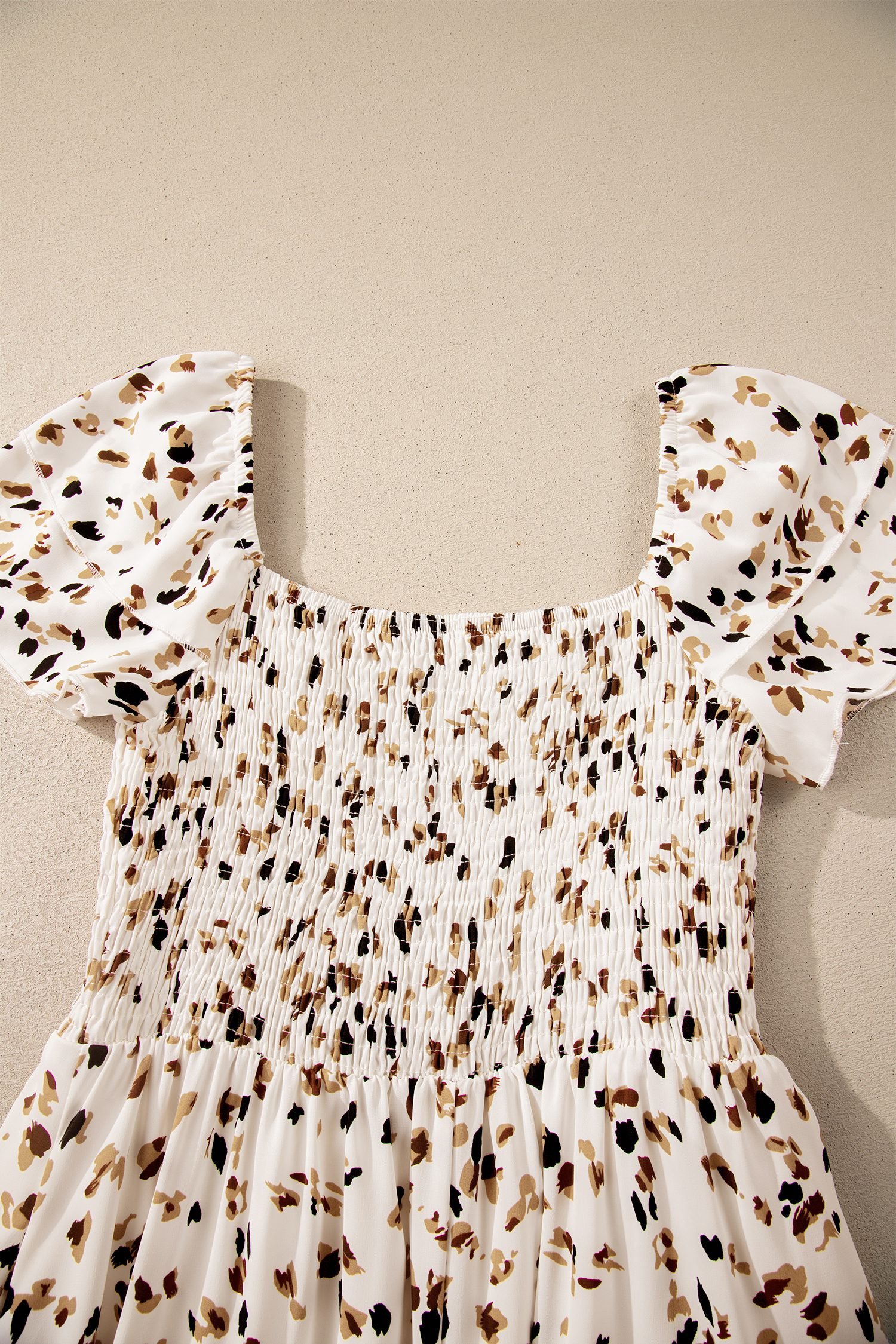 Beige Ditsy Floral Print Smocked Square Neck Ruffle Short Sleeve Dress