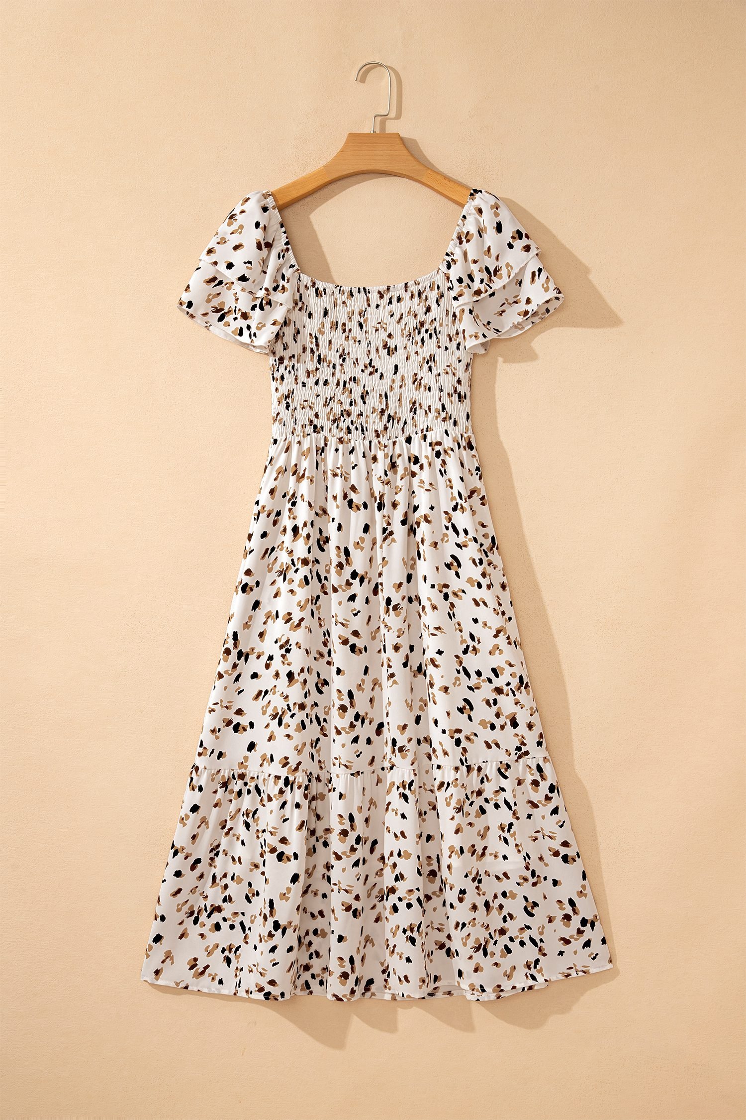 Beige Ditsy Floral Print Smocked Square Neck Ruffle Short Sleeve Dress