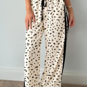 Beige Leopard Print Side Stripe Detail Loose Drawstring Pants