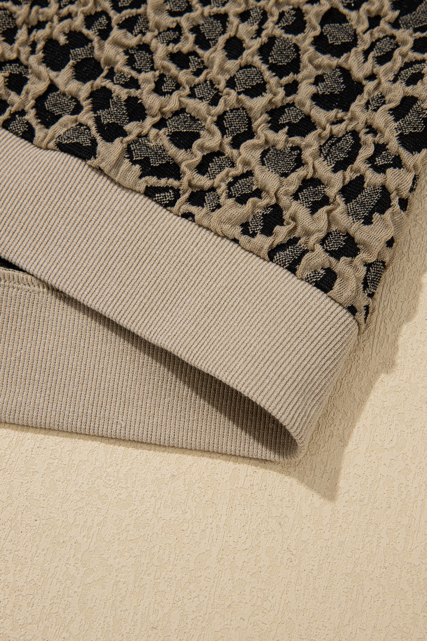 Beige Ribbed Patchwork Collar Cuffed Sleeve Leopard Plus Top