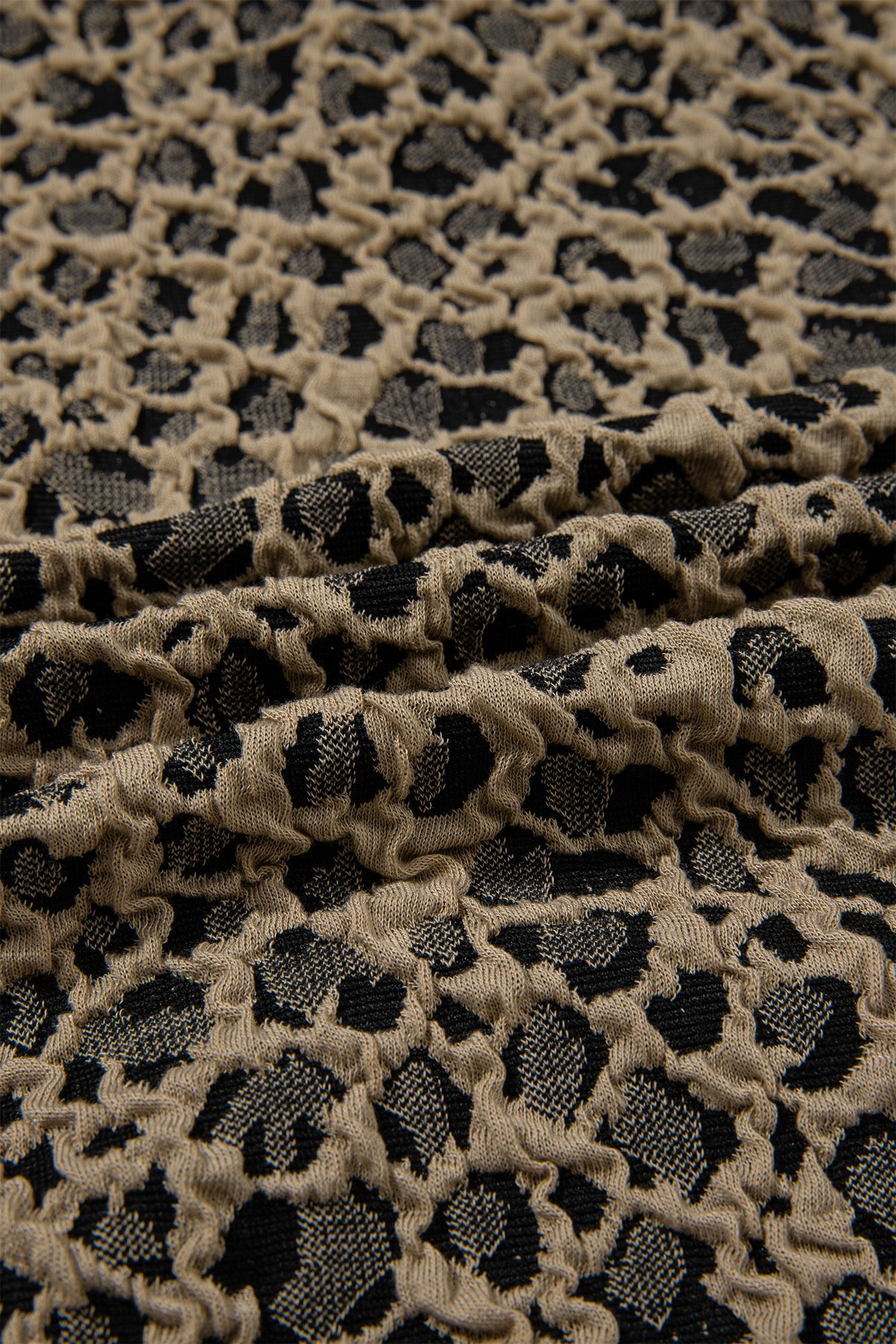 Beige Ribbed Patchwork Collar Cuffed Sleeve Leopard Plus Top