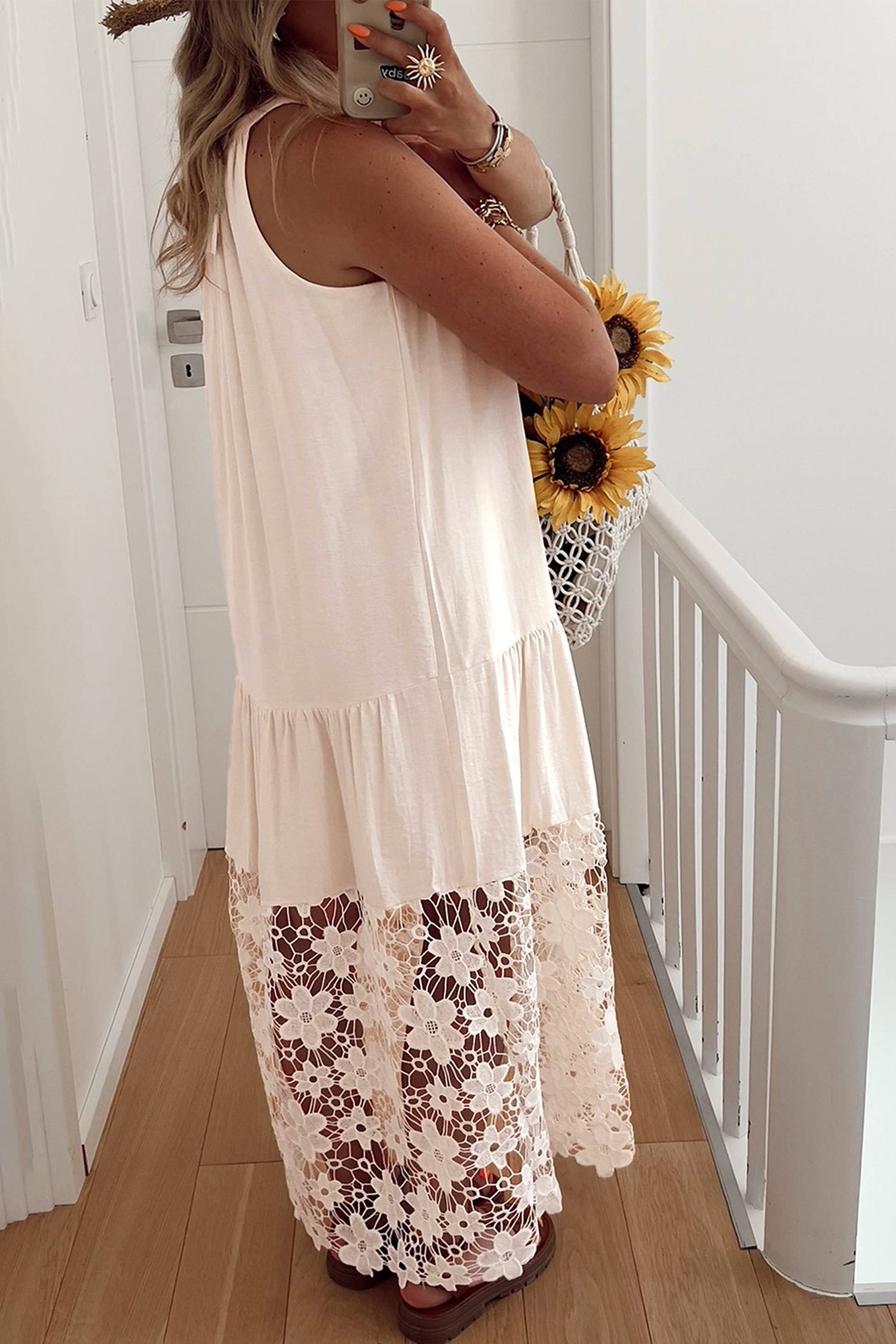 Beige Sheer Hollowed Floral Lace Hem Patchwork Loose Halter Summer Dress