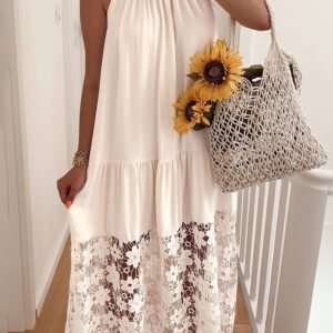 Beige Sheer Hollowed Floral Lace Hem Patchwork Loose Halter Summer Dress