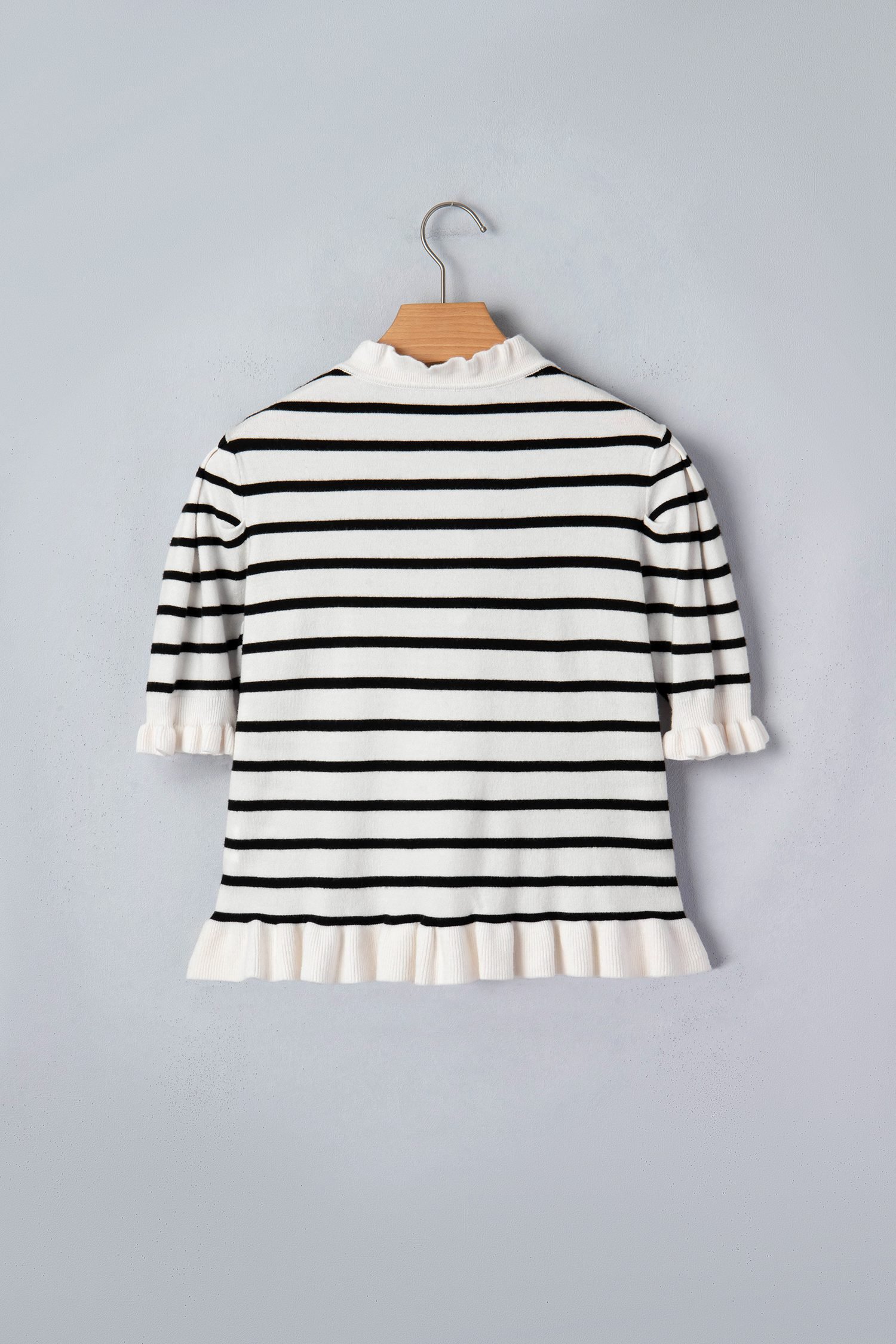 Beige Stripe Ruffle Trim Button Down Knit Short Sleeve Sweater Cardigan