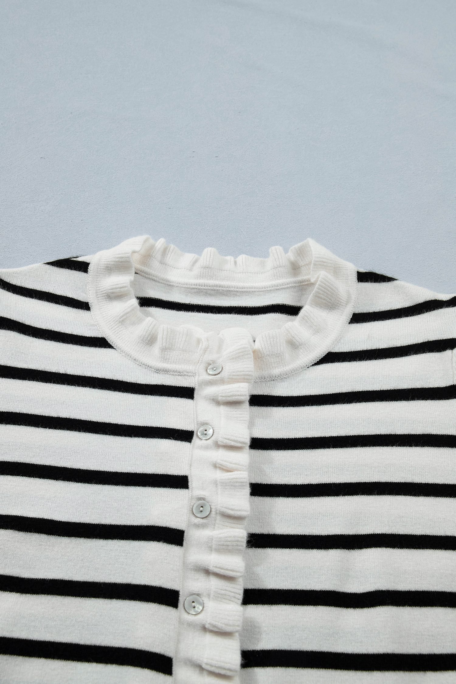 Beige Stripe Ruffle Trim Button Down Knit Short Sleeve Sweater Cardigan