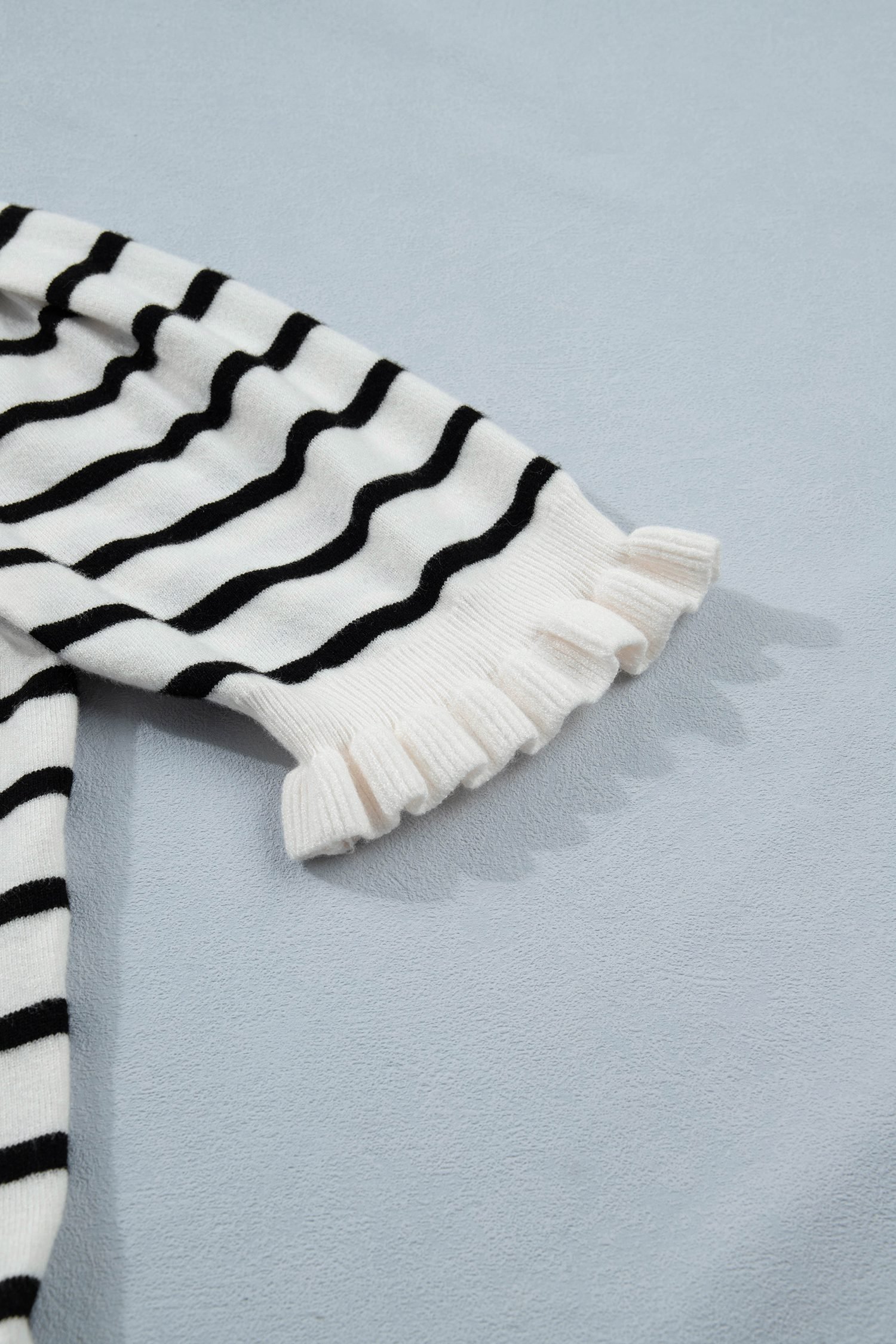 Beige Stripe Ruffle Trim Button Down Knit Short Sleeve Sweater Cardigan