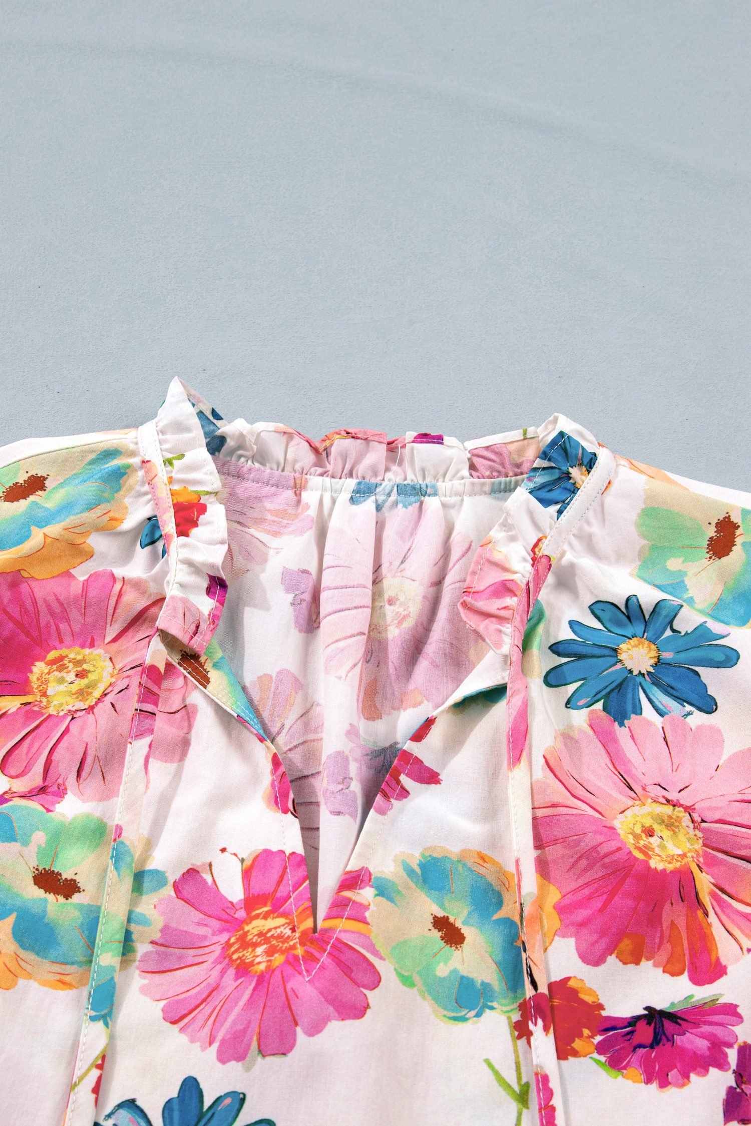 Beige Vibrant Summer Floral Tie V Neck Short Puff Sleeve Blouse