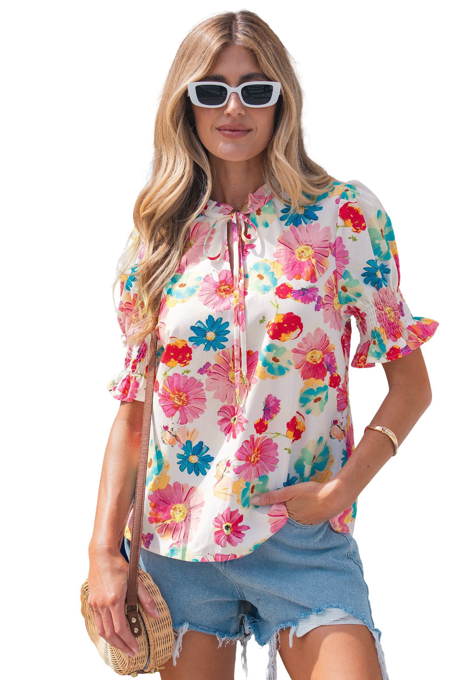 Beige Vibrant Summer Floral Tie V Neck Short Puff Sleeve Blouse