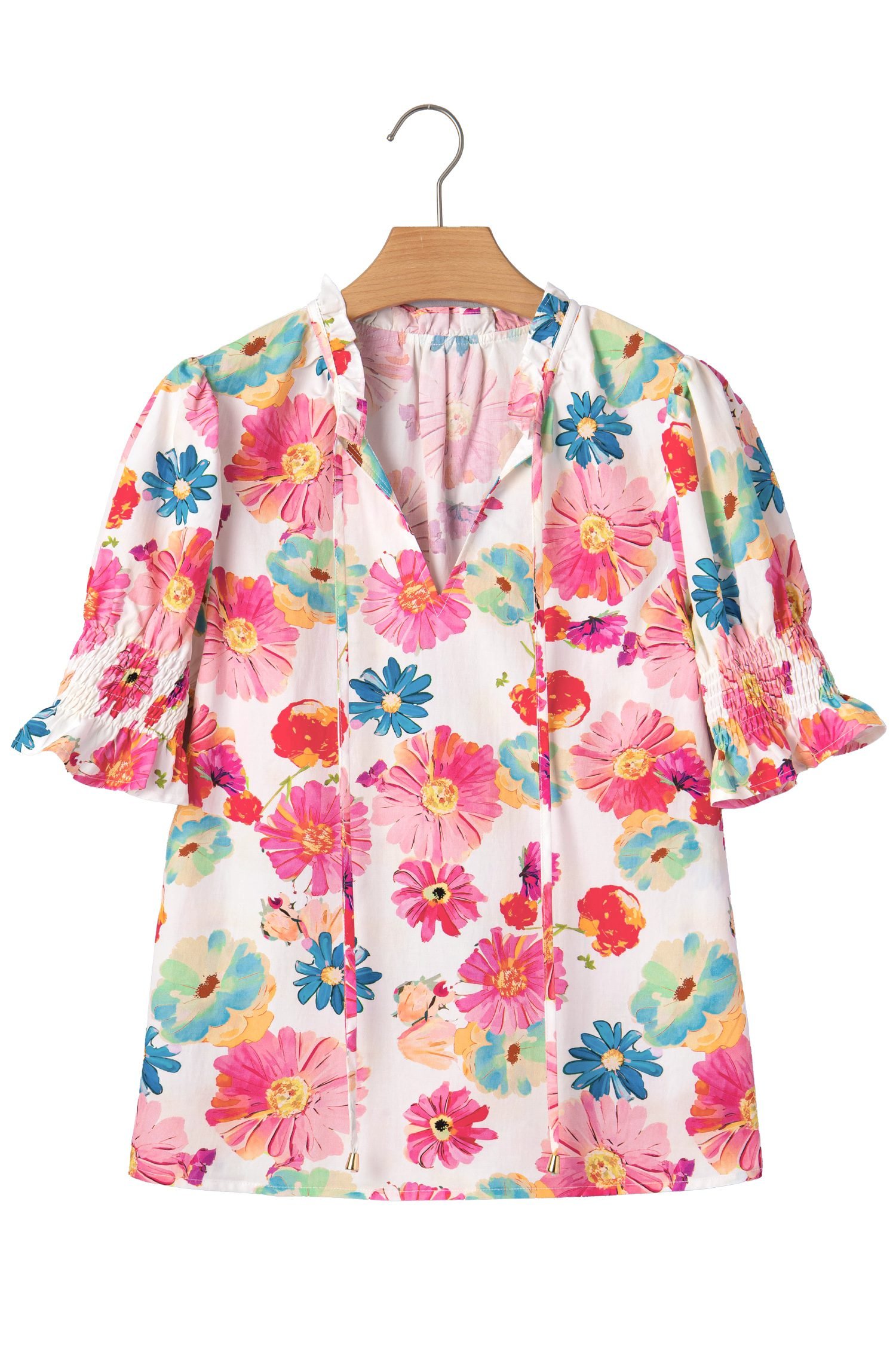 Beige Vibrant Summer Floral Tie V Neck Short Puff Sleeve Blouse