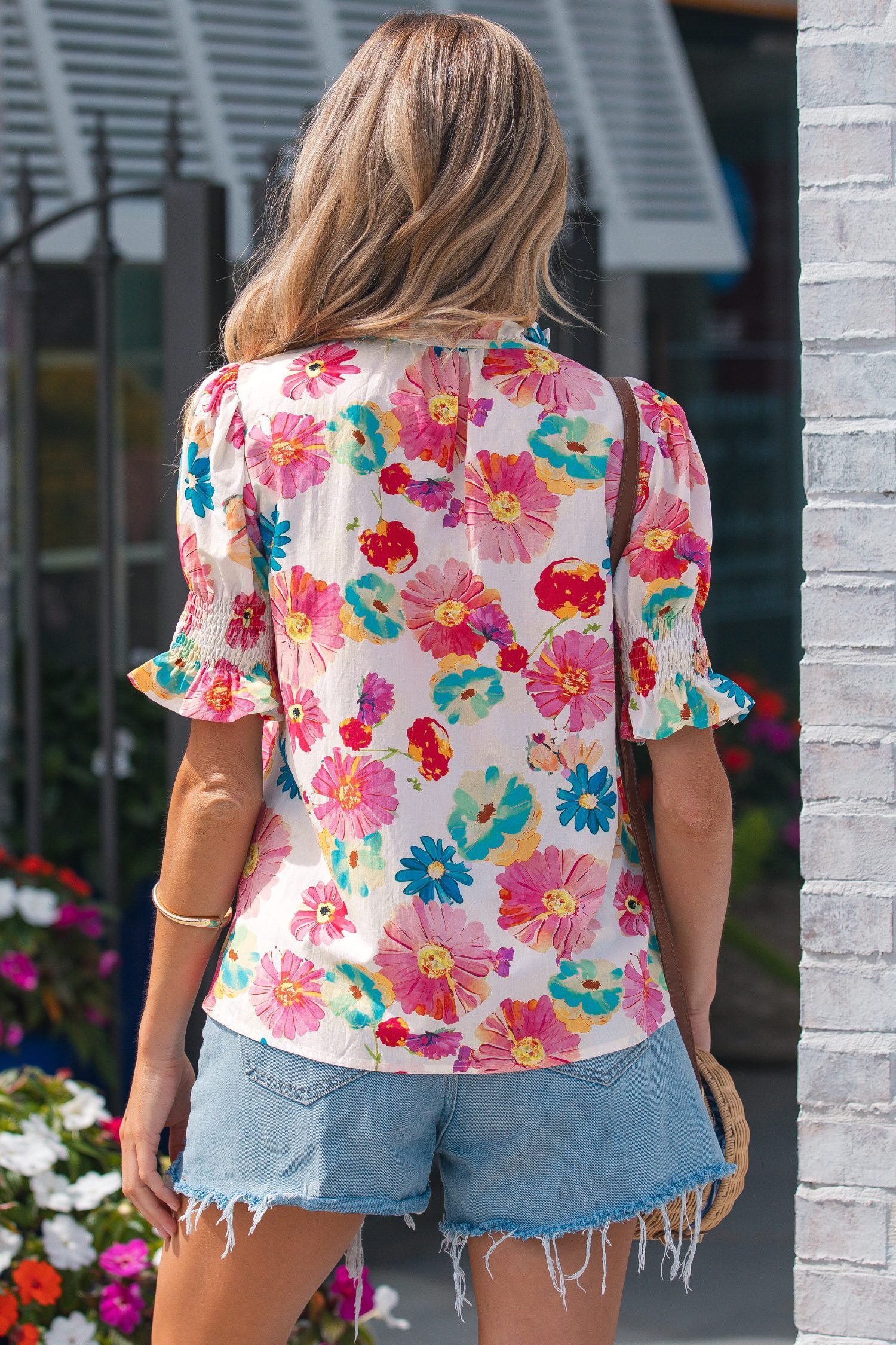 Beige Vibrant Summer Floral Tie V Neck Short Puff Sleeve Blouse