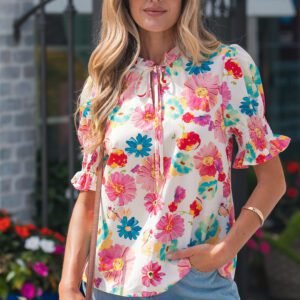 Beige Vibrant Summer Floral Tie V Neck Short Puff Sleeve Blouse