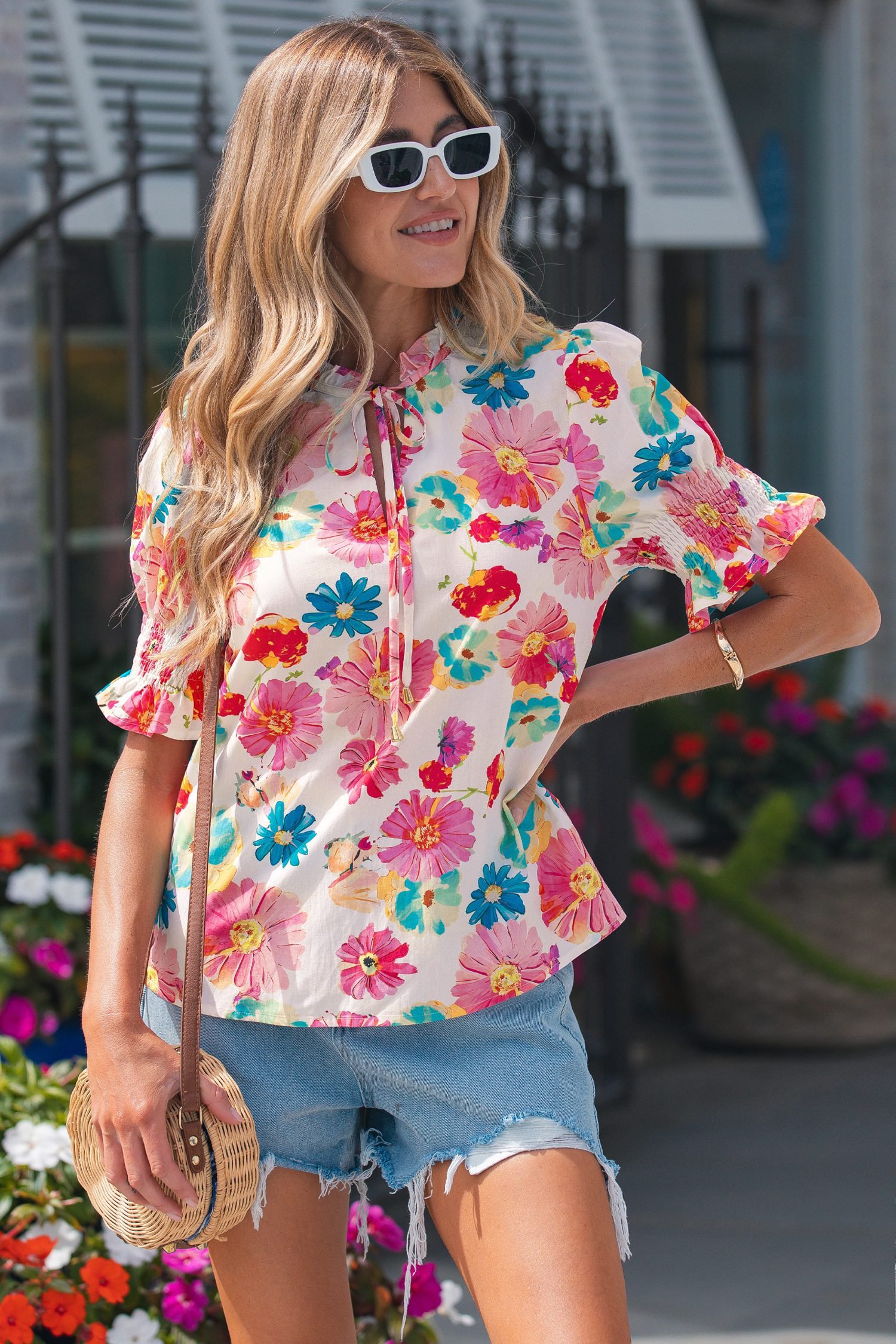 Beige Vibrant Summer Floral Tie V Neck Short Puff Sleeve Blouse