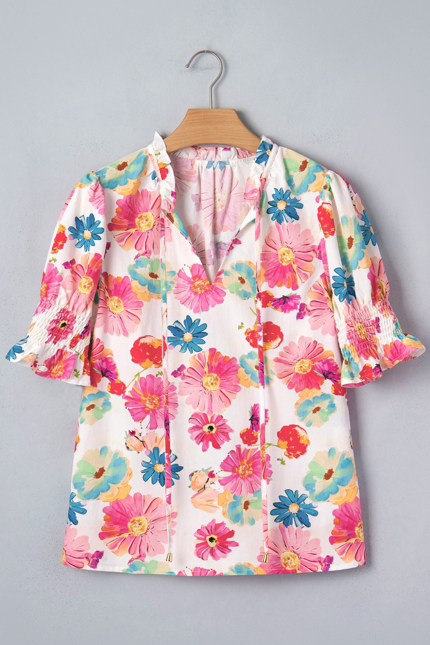 Beige Vibrant Summer Floral Tie V Neck Short Puff Sleeve Blouse