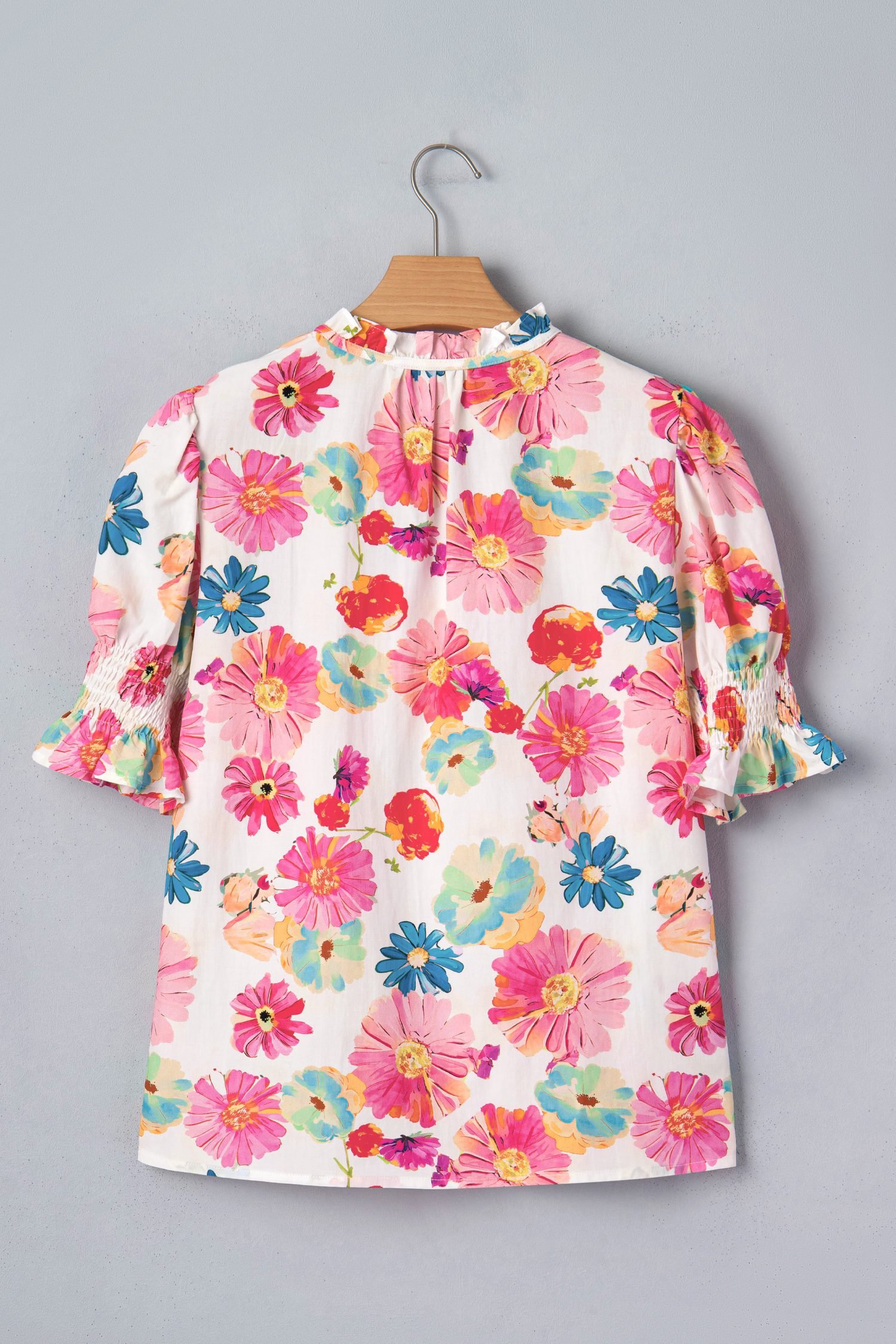 Beige Vibrant Summer Floral Tie V Neck Short Puff Sleeve Blouse