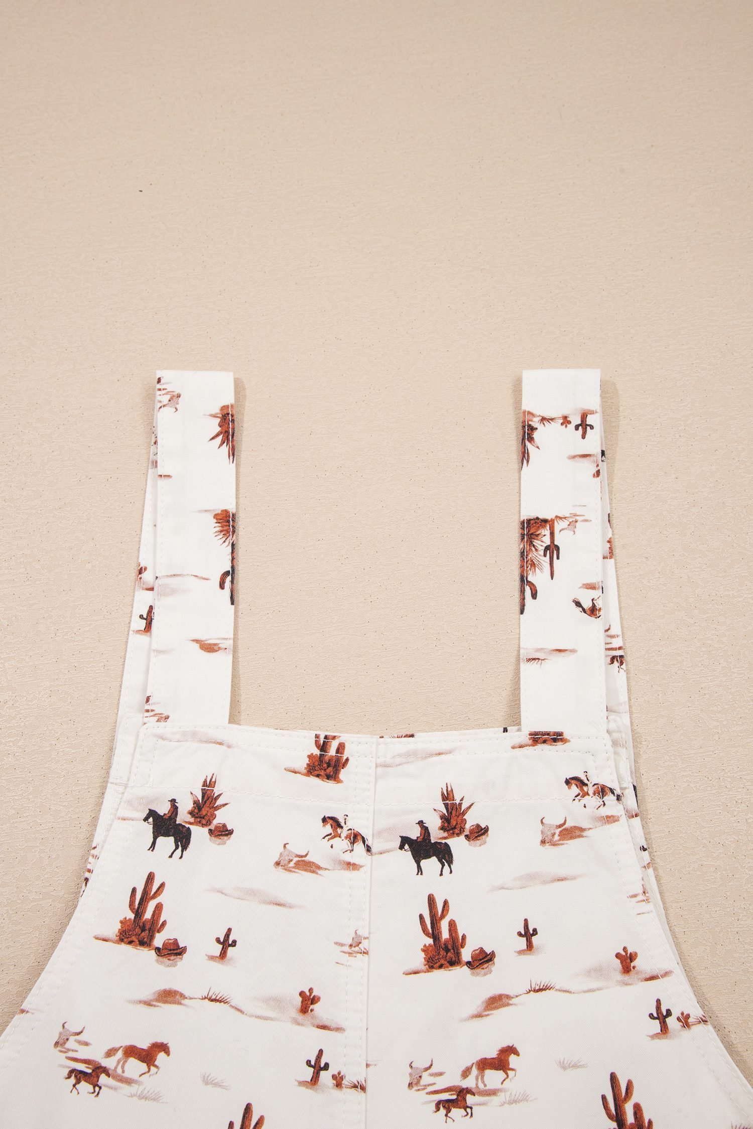 Beige Western Printed Button Adjustable Straps Loose Jumpsuit Dungarees