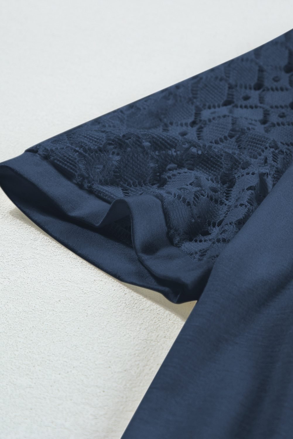 Navy Blue Seamed Detail Contrast Lace Raglan Sleeve Tee