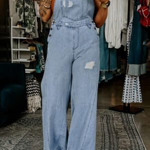 Mist Blue Retro Distressed Button Adjustable Straps Denim Overall Jumpsuit