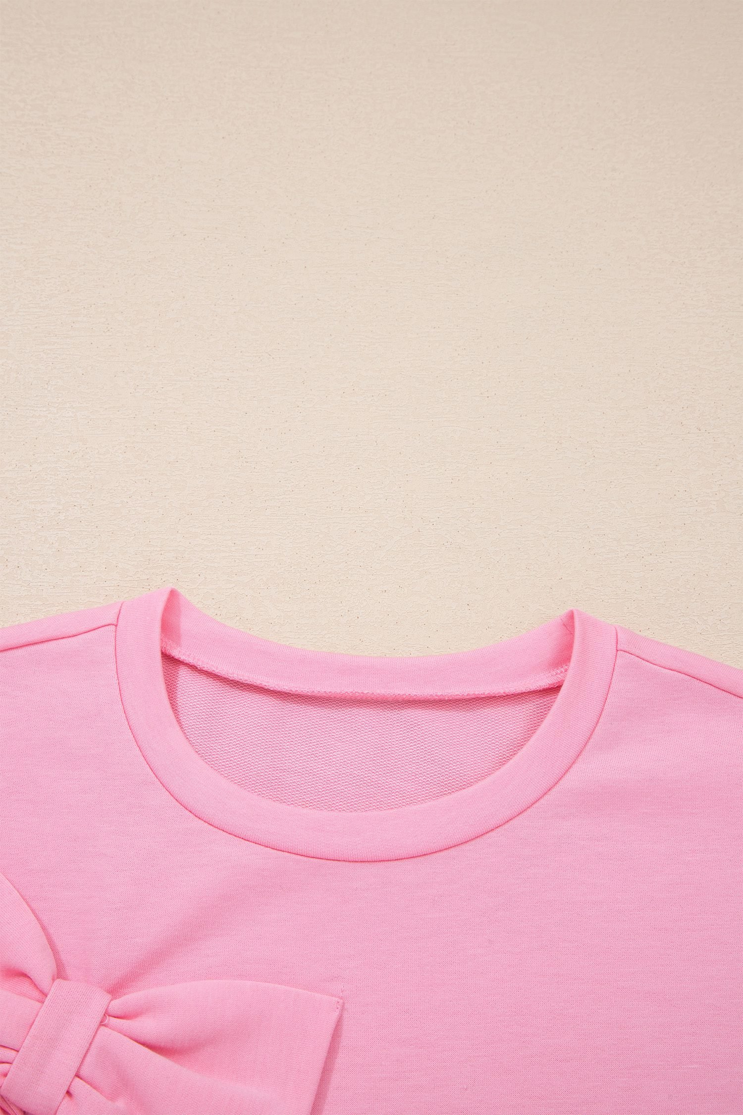 Pink Solid Color Raw Edge Bow Patch Loose T Shirt