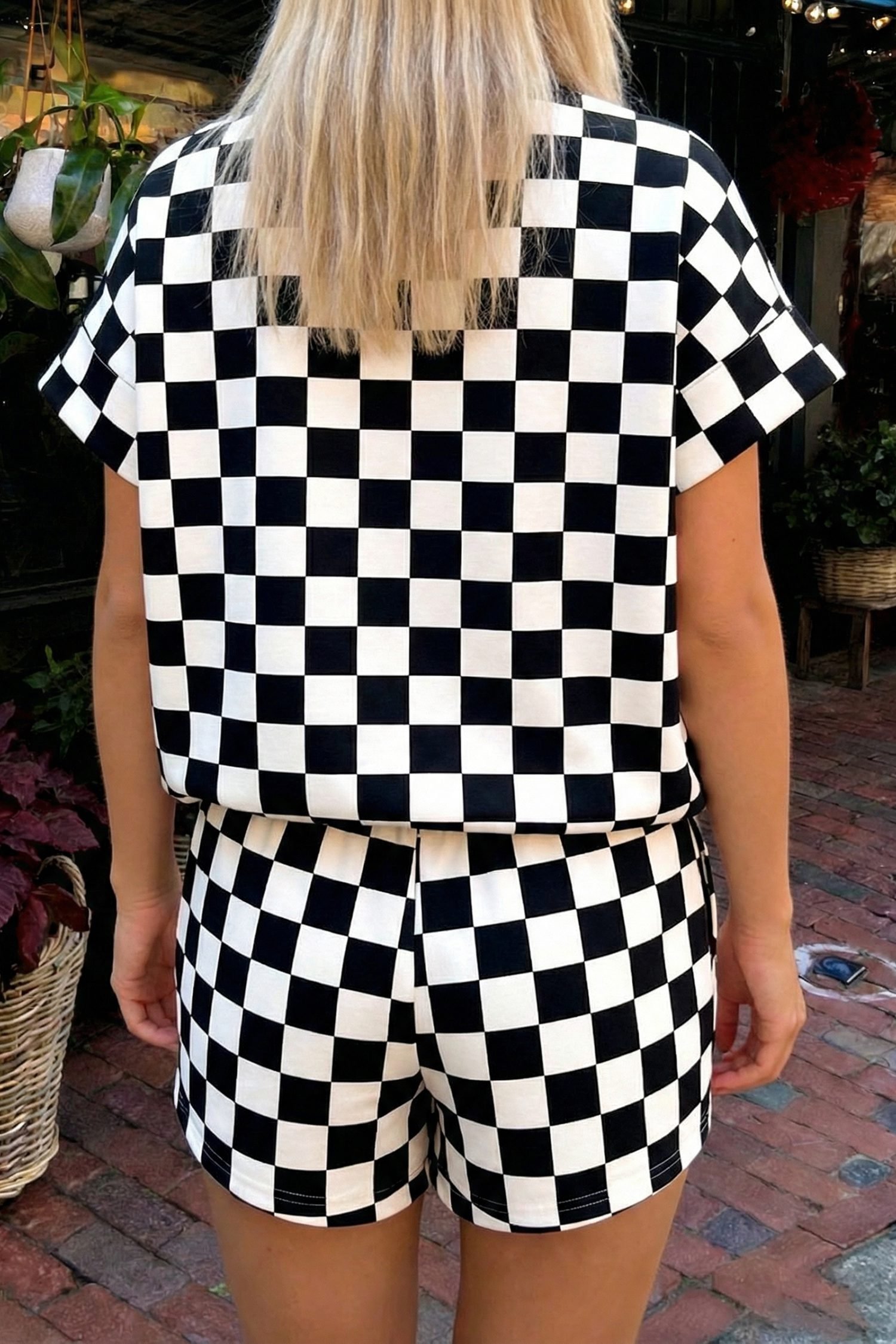 Black Checkered Print Color Block Trim Mock Neck Short Set