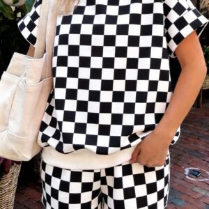 Black Checkered Print Color Block Trim Mock Neck Short Set