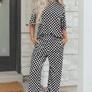 Black Checkered Print Half Sleeve Tee 2pcs Lounge Pant Set