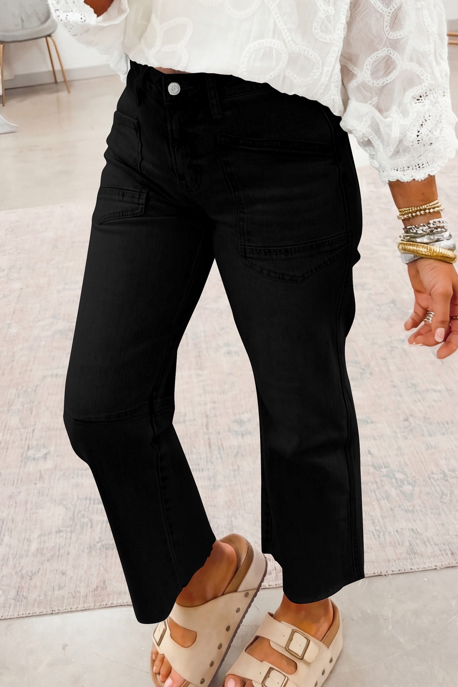 Black Frayed Cropped Straight Jeans