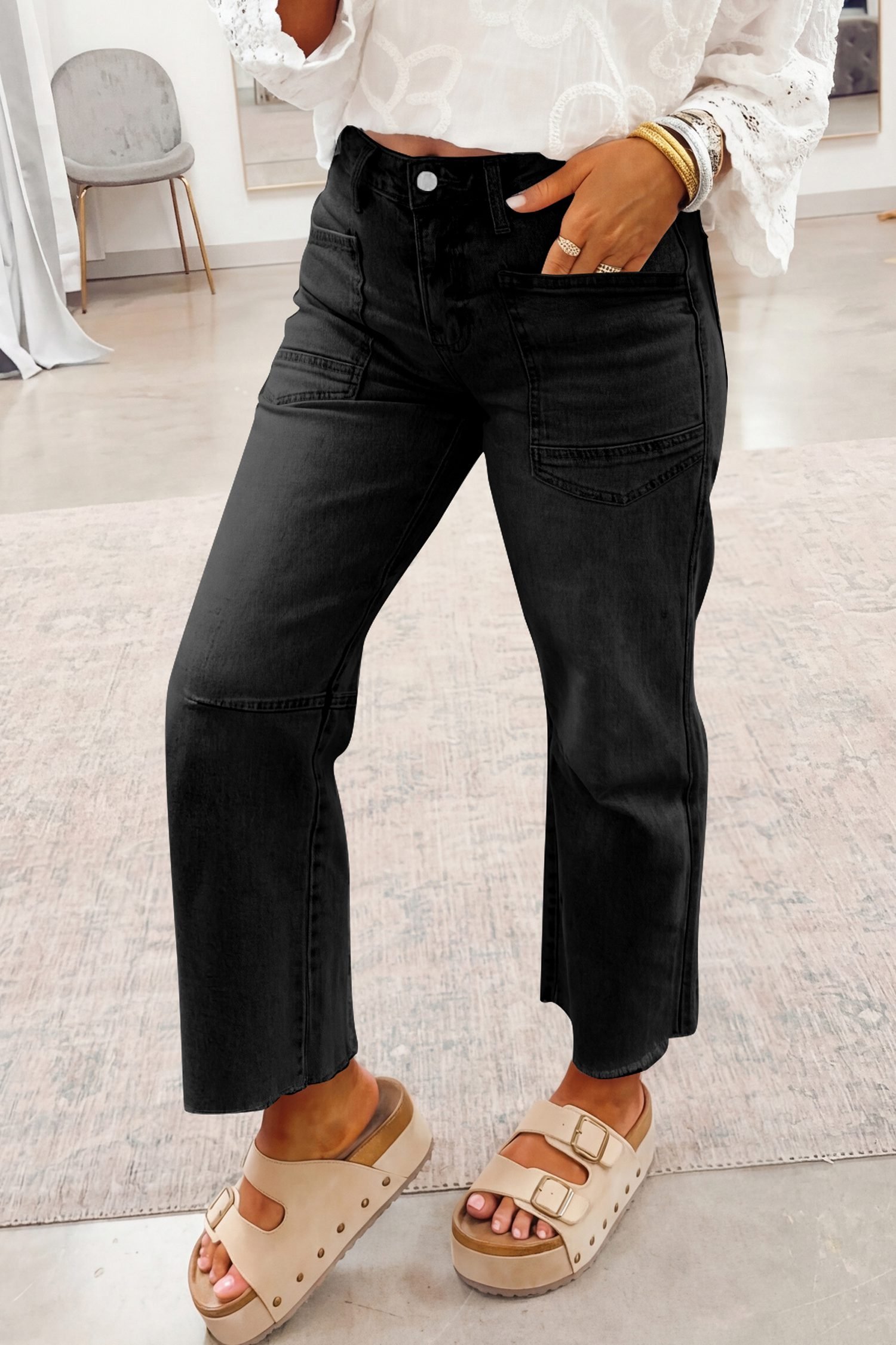 Black Frayed Cropped Straight Jeans