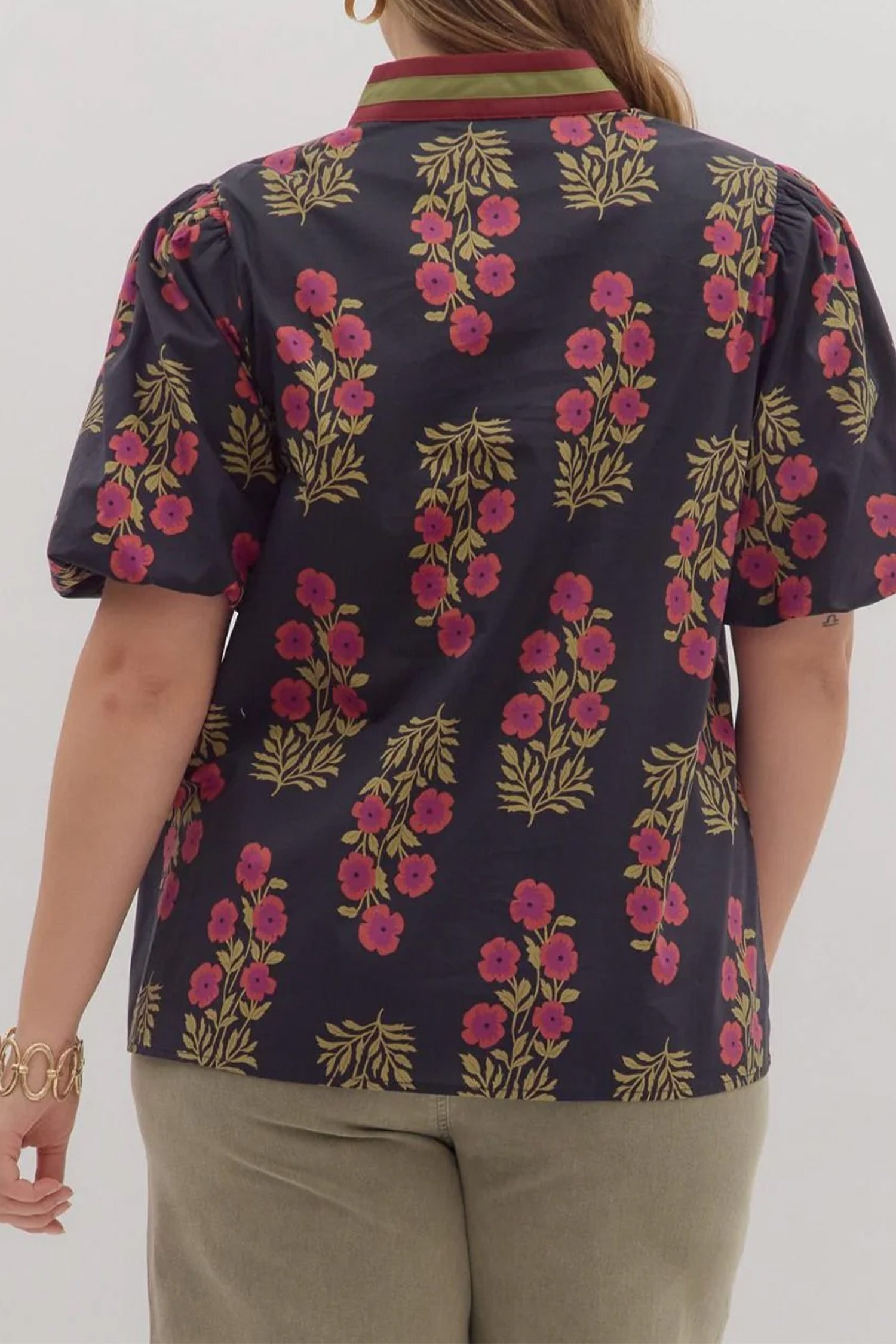 Black Plus Size Floral Print Ricrac Striped Trim Short Sleeve Cotton Blouse